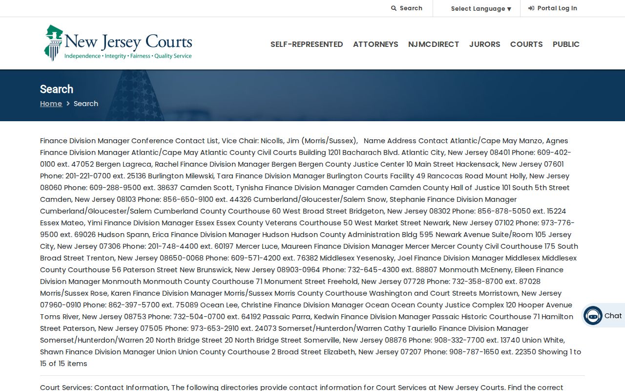 Hillsborough resident lookup view of the New Jersey Courts case search menu