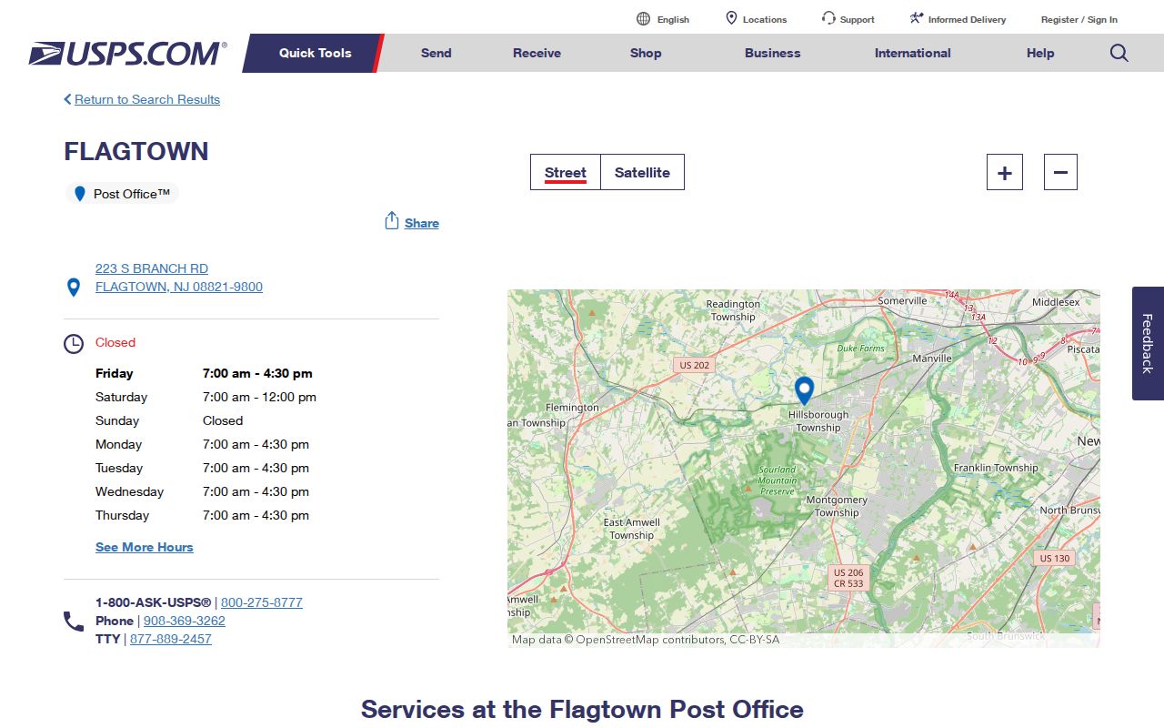 Hillsborough ZIP directory Flagtown Post Office postal facility